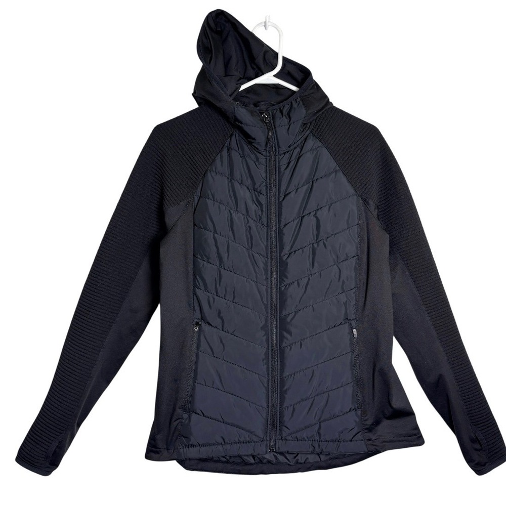 H&M Sport Hybrid Puffer Jacket Women Large Black‎ Hooded Ribbed Knit Activewear